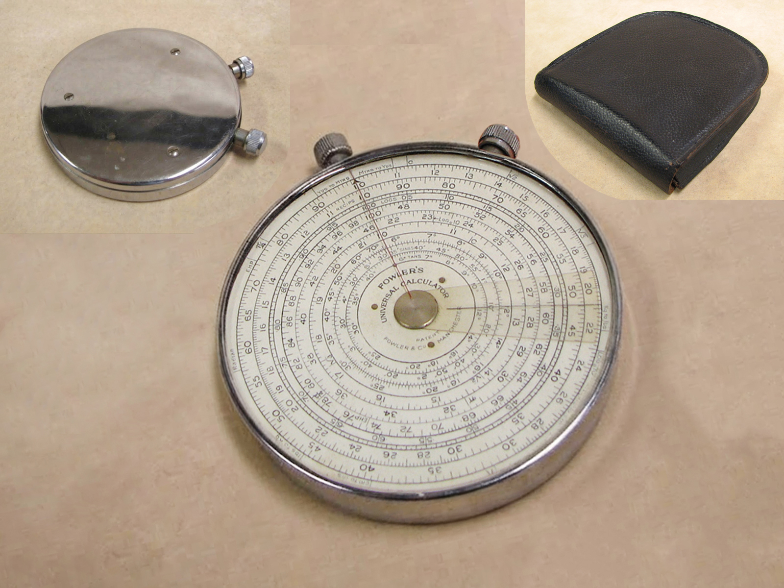 1930s Fowler's Universal circular calculator with chrome back plate